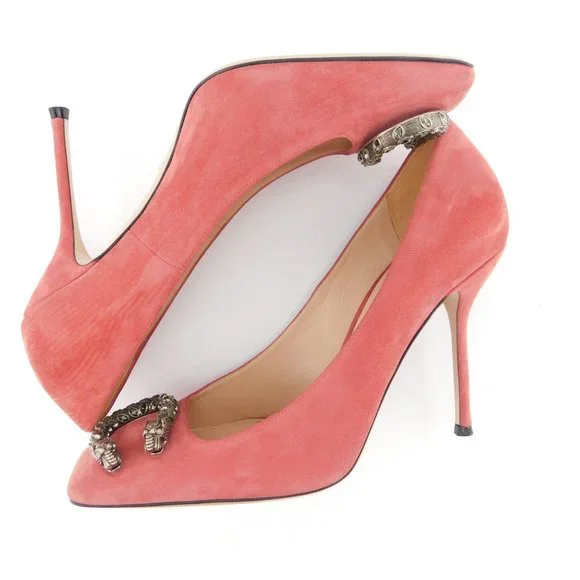 New GUCCI Crystal Tiger Snake Buckle Dusty Rose Pink Suede Leather Heel Pump 39